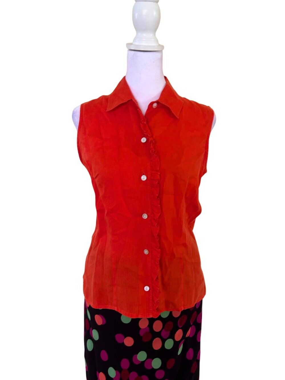 Harold's 100% Linen Bright Orange Sleeveless Ruffle-Trim Button Front Blouse